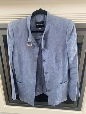 NWT Women’s  Luxury Giorgio Armani Pale Blue Linen-Stand Collar Blazer